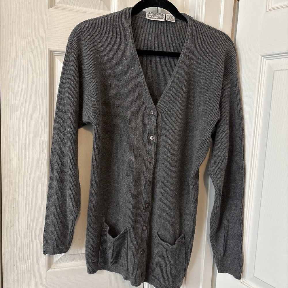 The Villager Vintage Y2K Gray Ribbed Cardigan Sweater Womens Medium Cotton